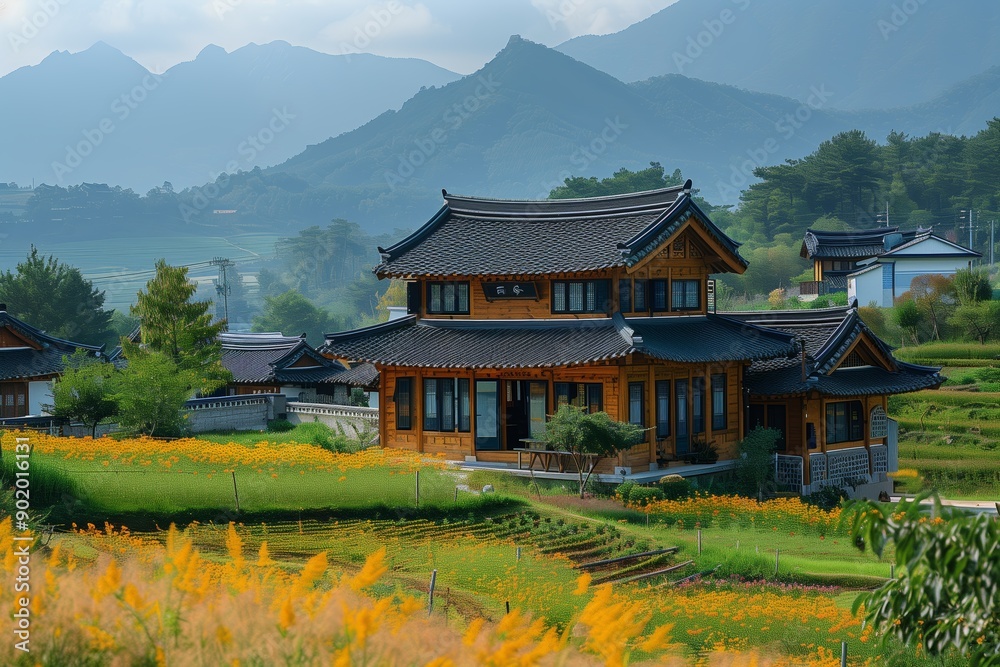 Beautiful Traditional House Surrounded by Vibrant Flowers in Scenic Mountain Landscape During Daylight Beautiful Traditional House Surrounded by Vibrant Flowers in Scenic Mountain Landscape During Daylight