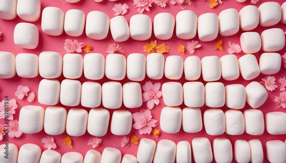 White Marshmallows on Pink Background Candy and Sugar Dessert