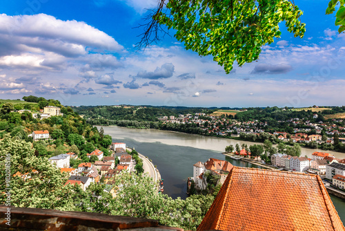 Panoramic view of Passau. Aerial skyline of old town from Veste Oberhaus castle . Confluence of three rivers Danube, Inn, Ilz, Bavaria, Germany photo