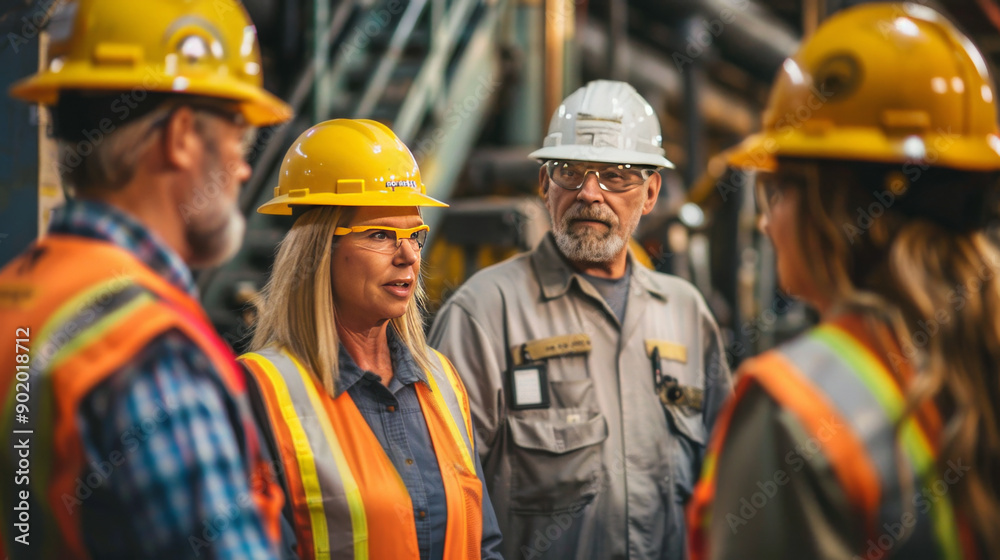 Group of industrial workers in safety gear discussing operations in a factory setting, highlighting teamwork and safety protocols. Group of industrial workers in safety gear discussing operations in a factory setting, highlighting teamwork and safety protocols.