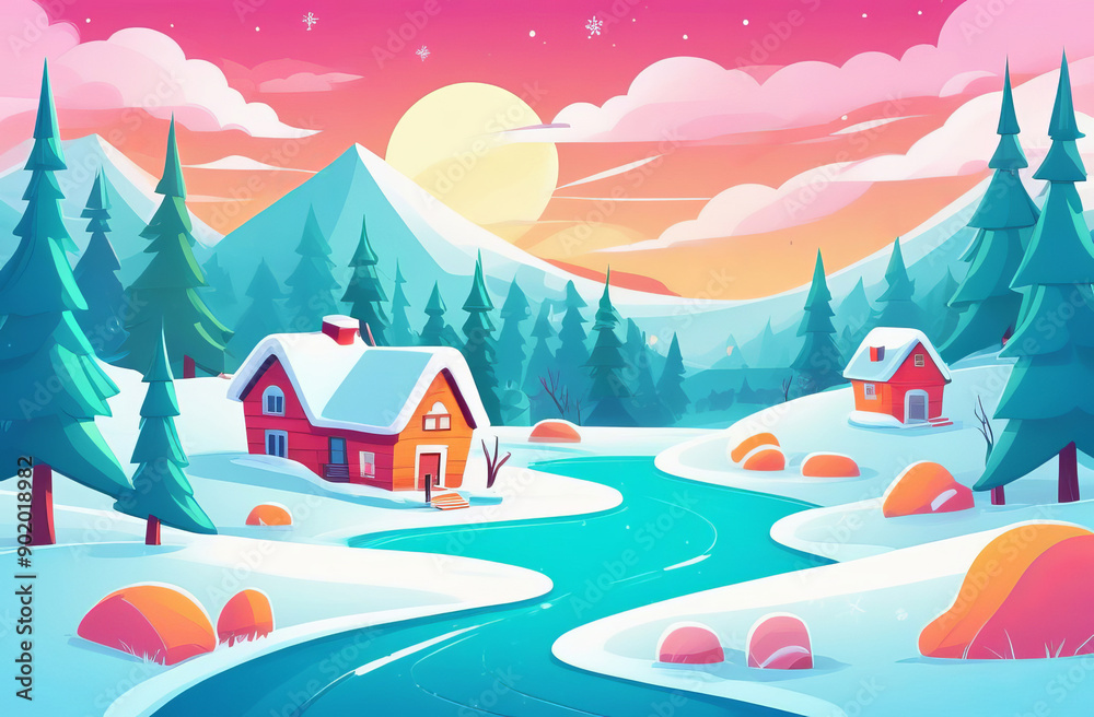 Cozy winter cabin in snowy forest at sunset. Cozy winter cabin in snowy forest at sunset.