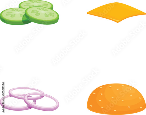 Bright collection of sliced cucumber, cheese, onion rings, and a bread bun, perfect for food designs