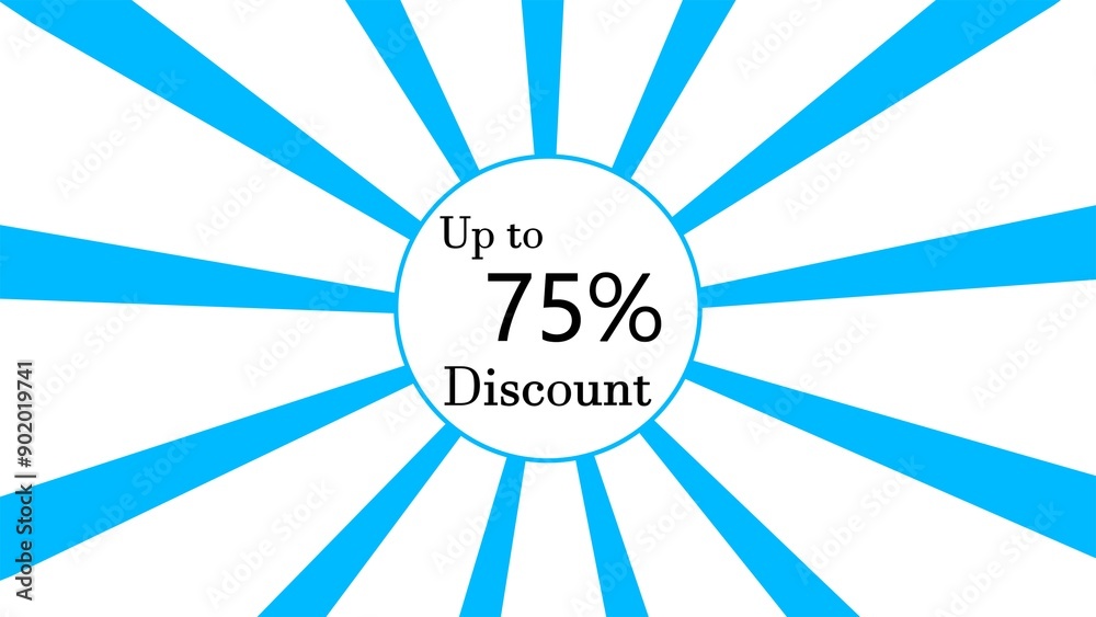 75% discount blue lines sunburst rotating on white background. 75% discount blue lines sunburst rotating on white background.