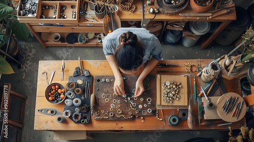 High angle view of female artisan making jewel