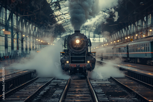 A steam train is pulling a train car through a train station