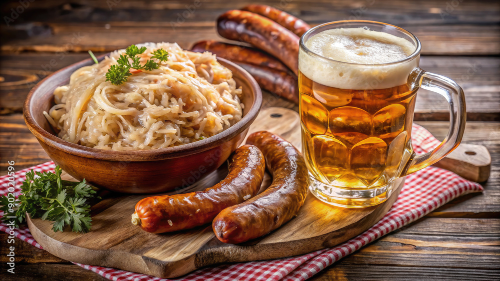 German sausages and a glass of beer on the table against the background of the German city, Oktoberfest, restaurant, pub, cafe, dish, Munich, national food, Bratwurst, meat, beef, delicious German sausages and a glass of beer on the table against the background of the German city, Oktoberfest, restaurant, pub, cafe, dish, Munich, national food, Bratwurst, meat, beef, delicious