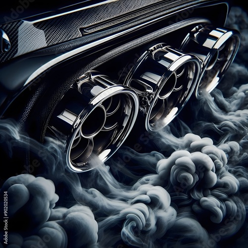 Polished exhaust tips with swirling black smoke effects.