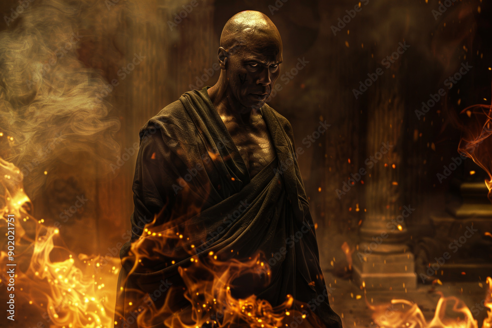 A man in a robe stands in front of a fire, surrounded by flames A man in a robe stands in front of a fire, surrounded by flames