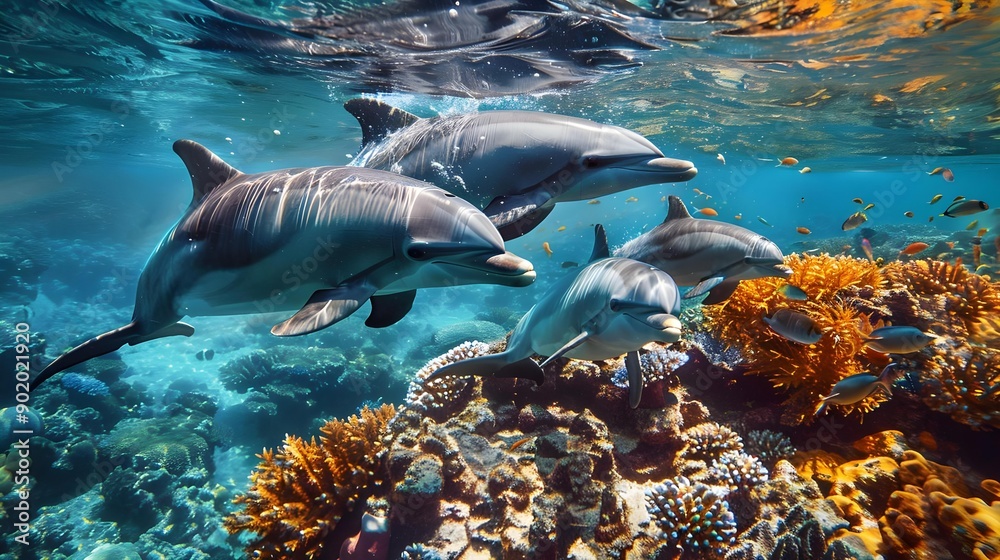Fototapeta premium Underwater scene with dolphins, coral reef, and fish