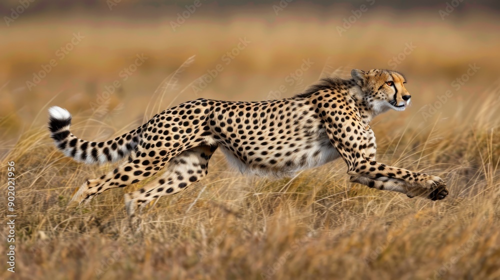 A cheetah is running through tall grass in the wild A cheetah is running through tall grass in the wild