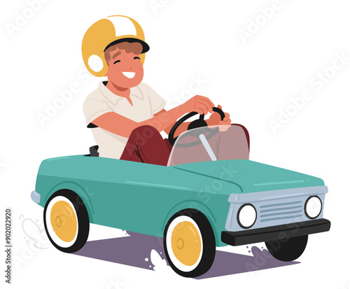 Boy Wearing A Helmet Joyfully Rides A Classic Pedal Car. Cheerful Kid Character Depicting The Innocence And Excitement