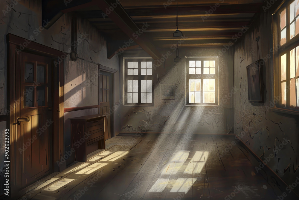 A room with a wooden door and a window A room with a wooden door and a window