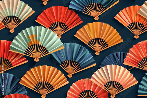 A colorful array of paper fans are displayed on a blue background