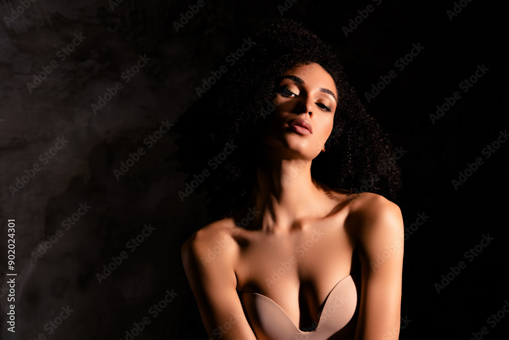 Photo of teading sexual girl naked shoulders enjoy beautiful body empty space isolated concrete black color wall