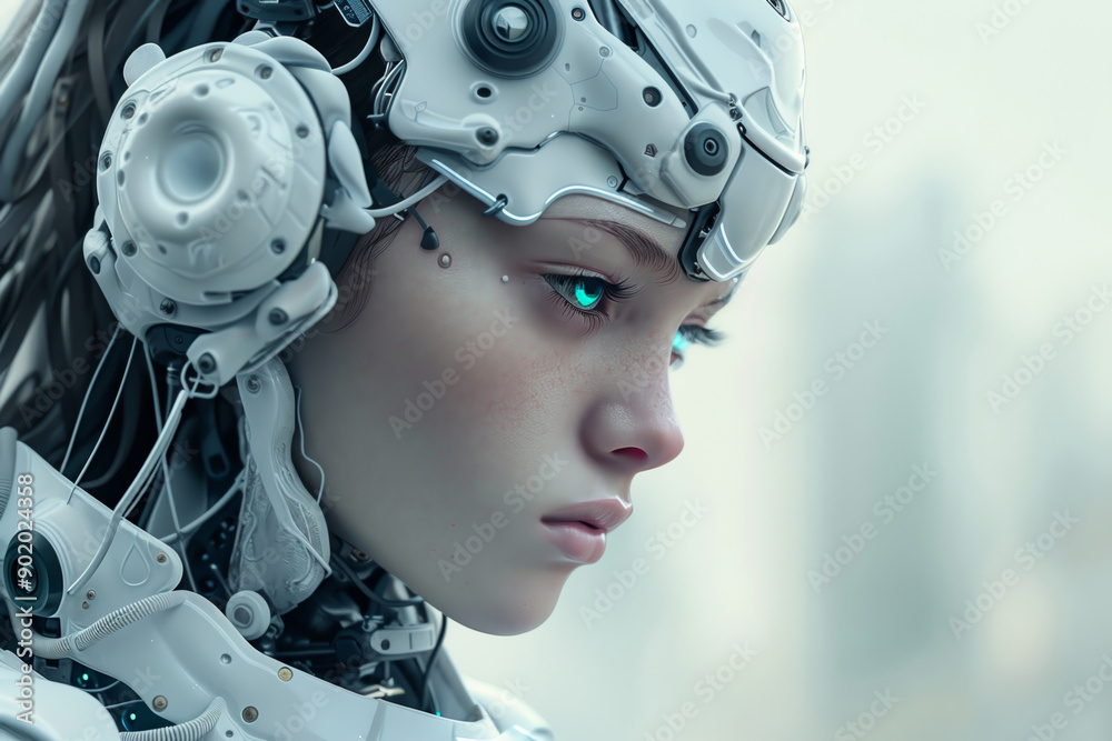 A woman with a robotic head and blue eyes A woman with a robotic head and blue eyes