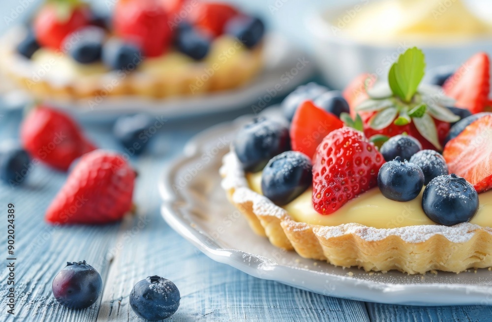 Strawberry and Blueberry Tart on Blue Table Strawberry and Blueberry Tart on Blue Table
