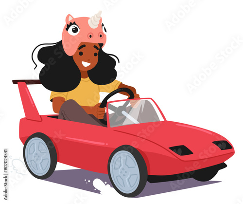 Girl In A Unicorn Helmet Confidently Drives A Sleek Red Sports Pedal Car, Looking Ahead With Determination And Joy