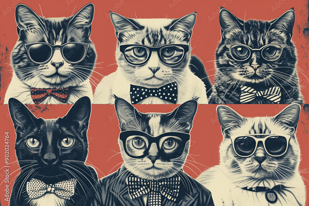 Fototapeta A group of cats wearing glasses and bow ties