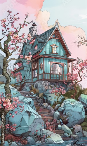 A whimsical Victorian-style house surrounded by blooming trees on a rocky landscape