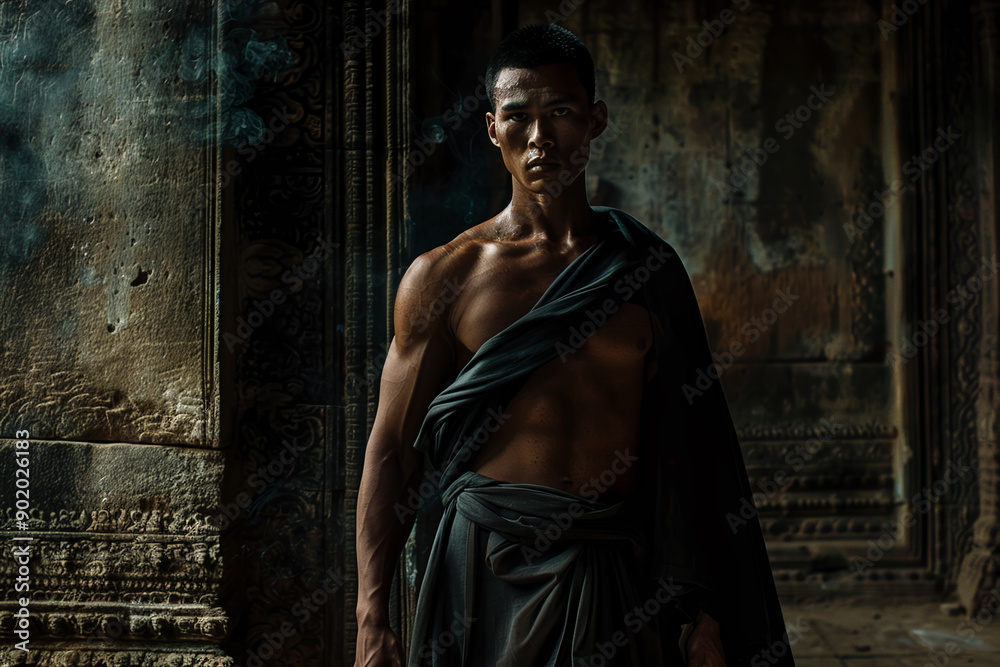 A man in a robe stands in a dark room A man in a robe stands in a dark room