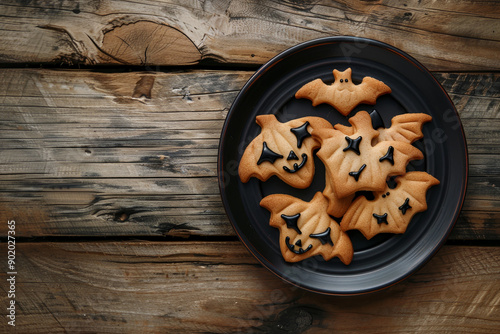 A plate of Halloween cookies with black faces on them