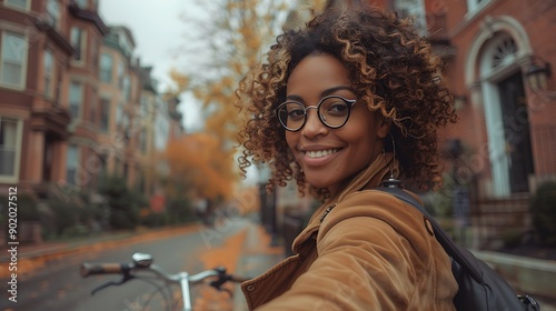 African American woman on a bicycle tour of the historic landmarks in Boston USA photo