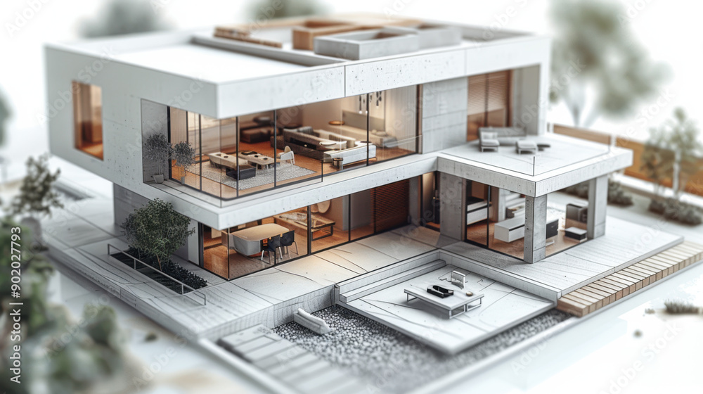 Architectural model of a modern luxury house with large glass windows and open living spaces, showcasing contemporary design.