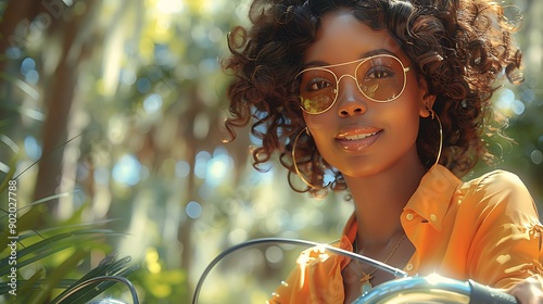 African American woman on a bicycle tour of the historic landmarks in Savannah USA photo