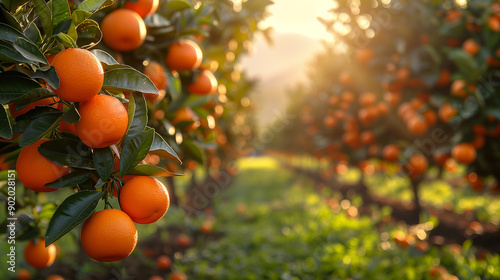 A photo of an orange tree with oranges hanging from the branches