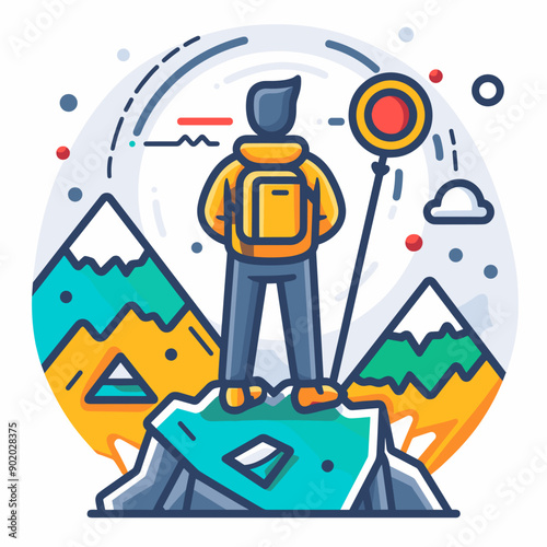 Tourist with backpack standing on top of a mountain. Vector illustration.