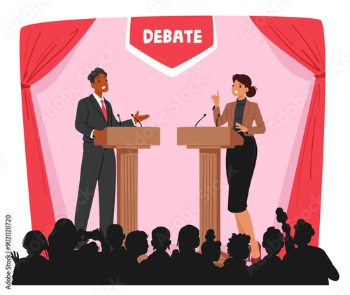 Middle-aged Caucasian Woman And An African American Man Stand At Podiums, Characters Engaging In A Debate