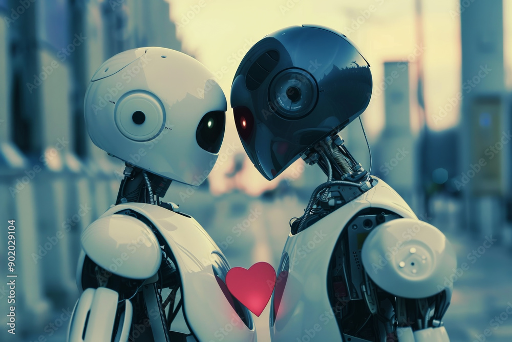 Fototapeta premium Two robots are hugging each other and one of them has a heart on its chest