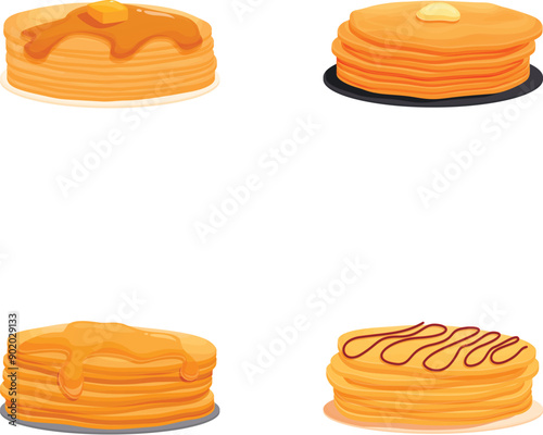Set of delicious pancakes with honey, syrup, and more for tasty breakfast options