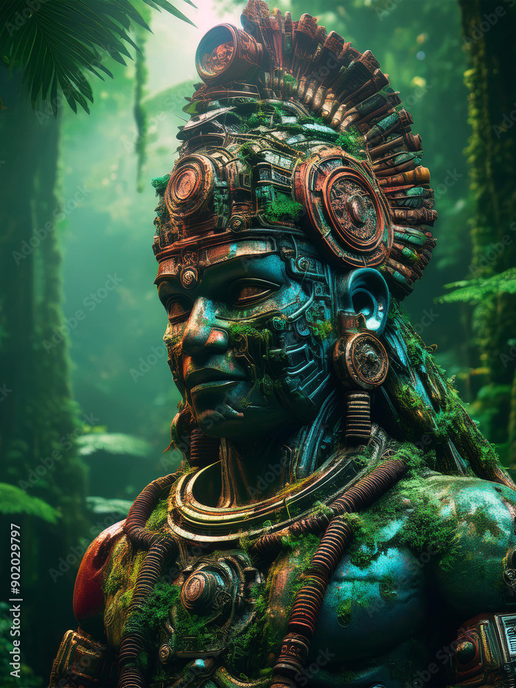ancient Indian statue, in some places covered with moss, in the forest ancient Indian statue, in some places covered with moss, in the forest