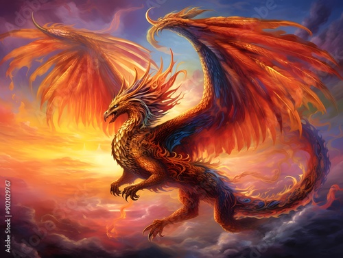 Dragon flying in the sunset sky - 3d render of a dragon © Iman