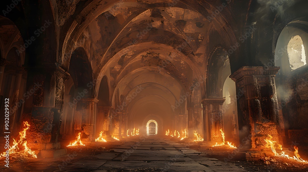 Ancient stone arches with burning torches, creating a scene of historical significance and architectural splendor Ancient stone arches with burning torches, creating a scene of historical significance and architectural splendor