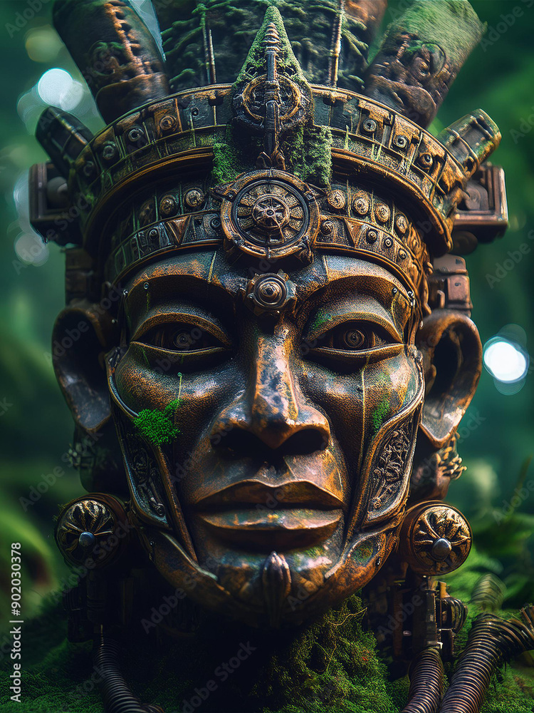 Obraz premium ancient Indian statue, in some places covered with moss, in the forest