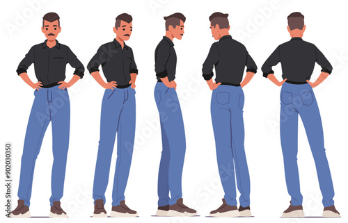 Man In Various Poses And Angles To Highlight Aspects Of His Attire And Physique. Male Character Wears A Stylish Shirt