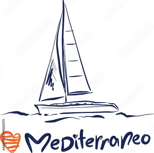 Vector linear yacht illustrations. Hand-drawn boat on the sea isolated on white background. For design, print, interior or background.