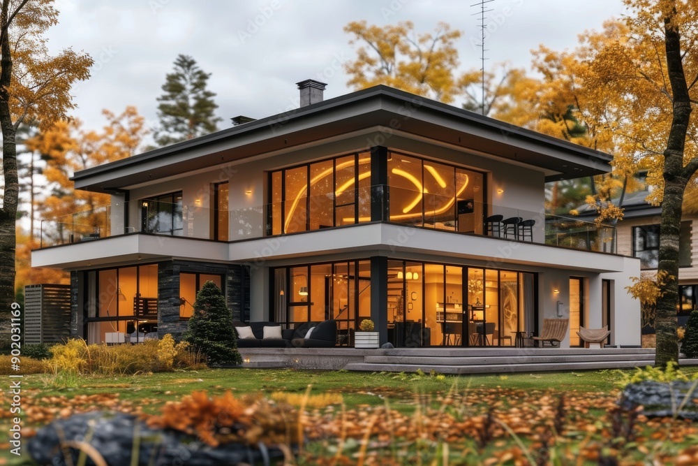Contemporary house with solar panels in an autumn setting representing modern eco living Contemporary house with solar panels in an autumn setting representing modern eco living