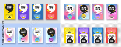 Poster templates design with quote, comma. More info tag. Navigation sign. Read description symbol. More info poster frame message. Quotation offer bubbles. Comma text balloon. Vector