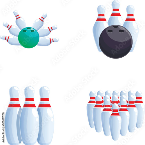 Vector illustration of a bowling set with pins, balls, and equipment on a clean, modern, isolated white background, perfect for leisure, sport, game, and recreational activities