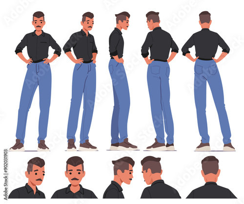 Male Character Poses. Man In A Black Shirt And Blue Pants Is Depicted From Various Angles, Including Front, Side, Back