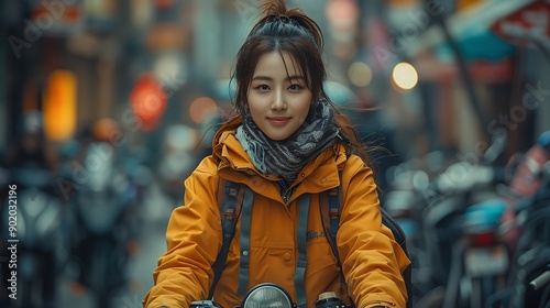 Asian woman cycling through the vibrant streets of Seoul South Korea