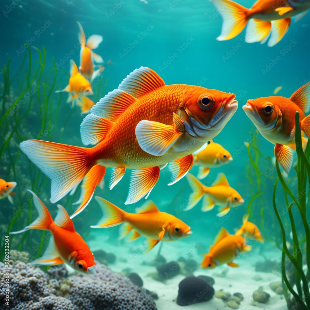 Bright goldfish exploring underwater plants against a soft blue background Bright goldfish exploring underwater plants against a soft blue background