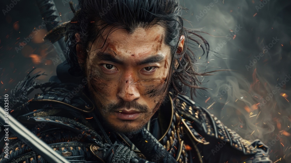 Valiant icon - japanese samurai portrait, highlighting the fierce determination and noble stature, adorned in traditional armor with katana, representing valor and legacy of feudal japan Valiant icon - japanese samurai portrait, highlighting the fierce determination and noble stature, adorned in traditional armor with katana, representing valor and legacy of feudal japan