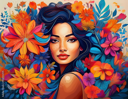 vibrant painting of a beautiful woman face with bright make-up and colorful flowers.