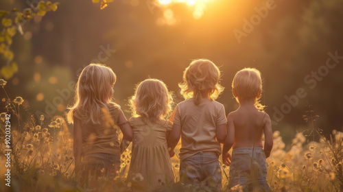 Four young children sit together in a meadow, watching the sunset and enjoying the golden light of the evening. © khonkangrua