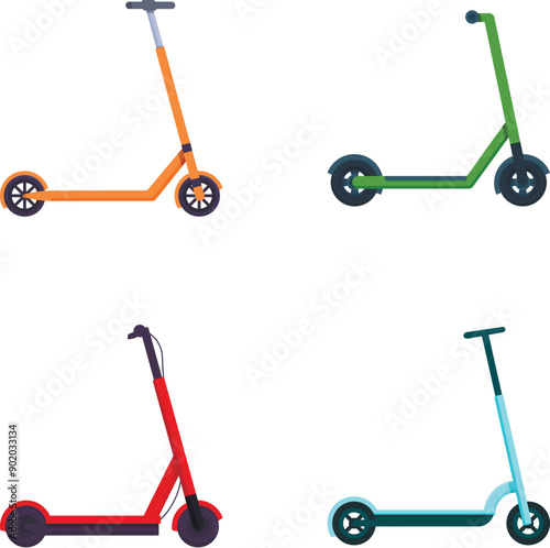 Collection of four kick scooters in different colors isolated on a white background