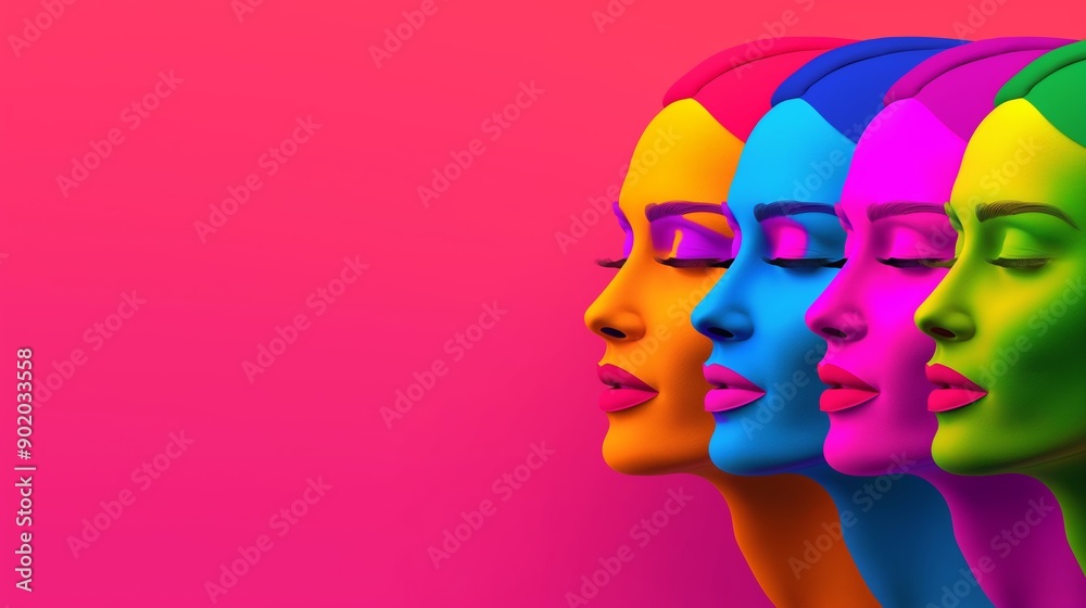 A colorful painting of women's faces with different colored eyes and lips. The painting is vibrant and lively, with a sense of diversity and individuality A colorful painting of women's faces with different colored eyes and lips. The painting is vibrant and lively, with a sense of diversity and individuality